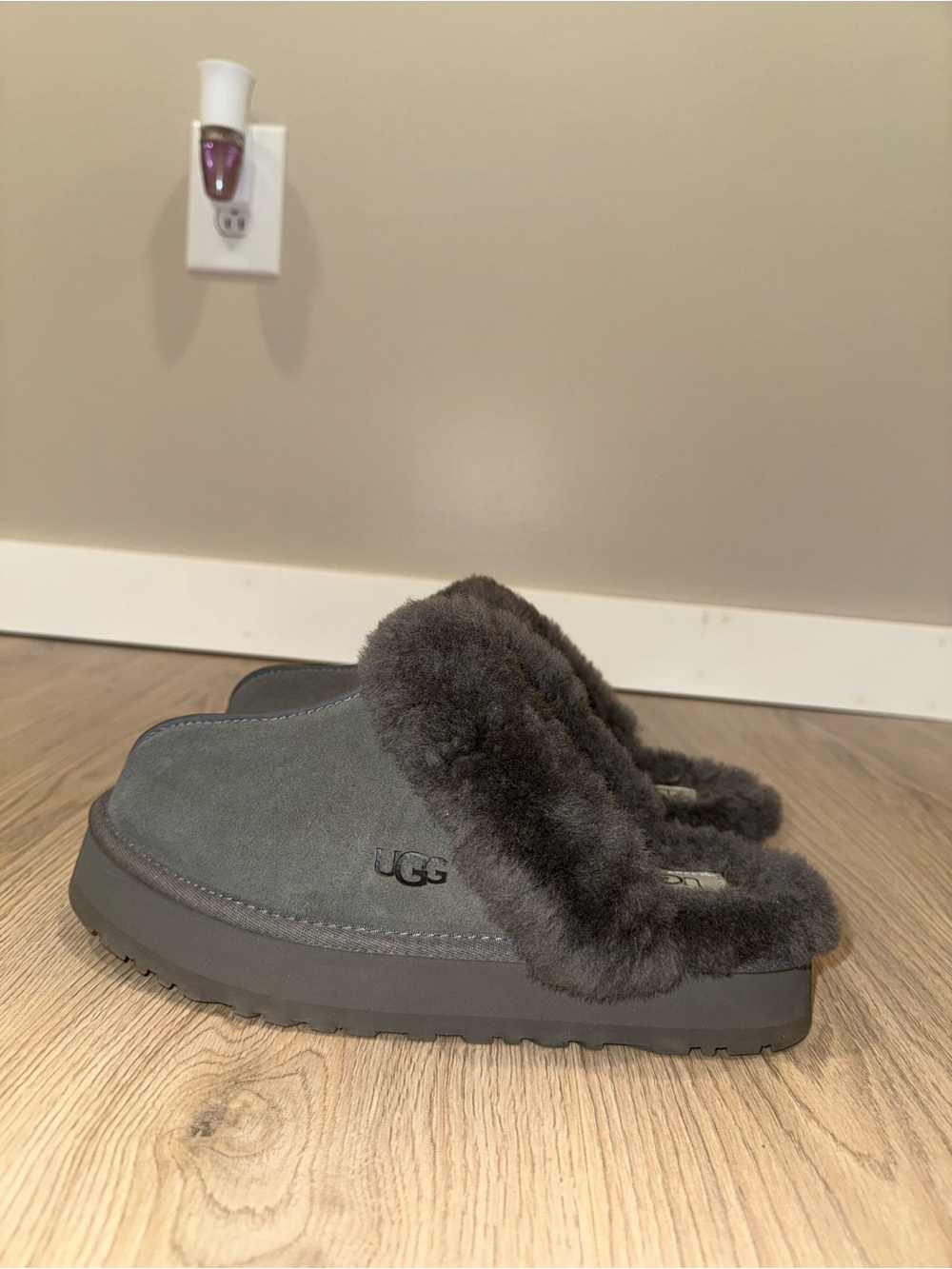 UGG Women's Charcoal Suede Plush Shearling Clog Slippers